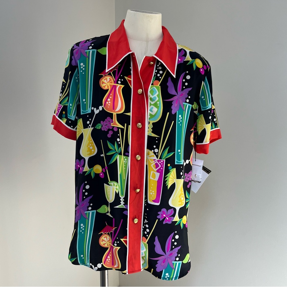 Vtg 90s Bob Mackie Wearable Art, 100% Silk Mixed Drink Party Shirt - Medium 🍹🌸